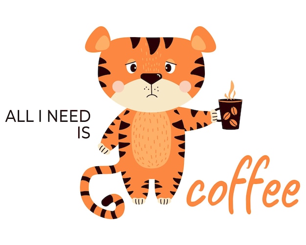Triest van streek Chagrijnig tijger met kopje koffie Ik heb alleen koffie nodig Leuk dierlijk karakter