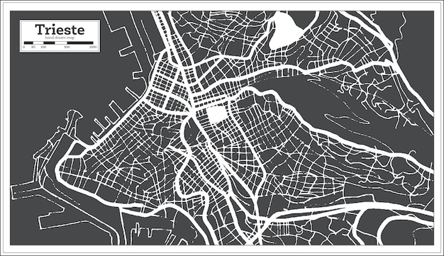 レトロなスタイルの白地図の黒と白のトリエステイタリアの都市地図