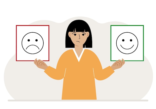 Vector trieste vrouw houdt een kaart vast met een trieste emoji in de ene hand en een lachende emoji in de andere hand het concept van emotiesmaskers of psychologische hulp