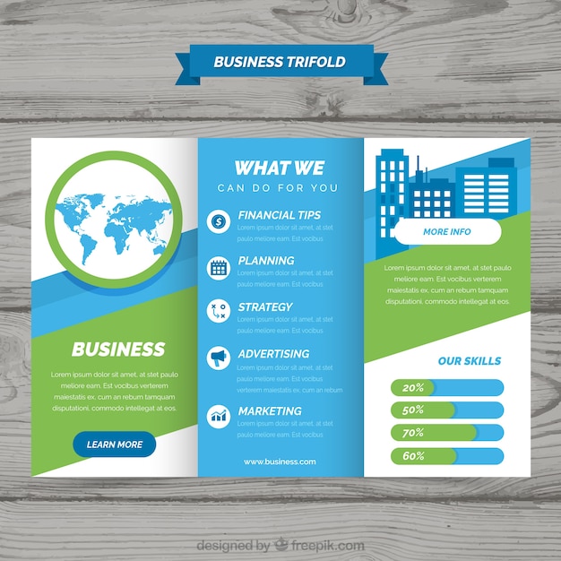 Trifold blue and green business brochure