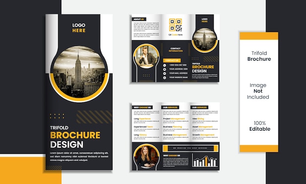 Trifold brochure template design minimal round shape with black and yellow color.