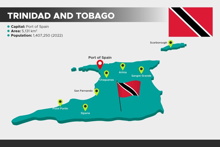 Vector trinidad and tobago isometric 3d illustration map flag capital cities area population and map