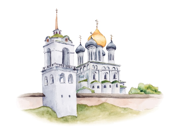 Vector trinity cathedral of pskov kremlin, russian orthodox church, watercolor illustration