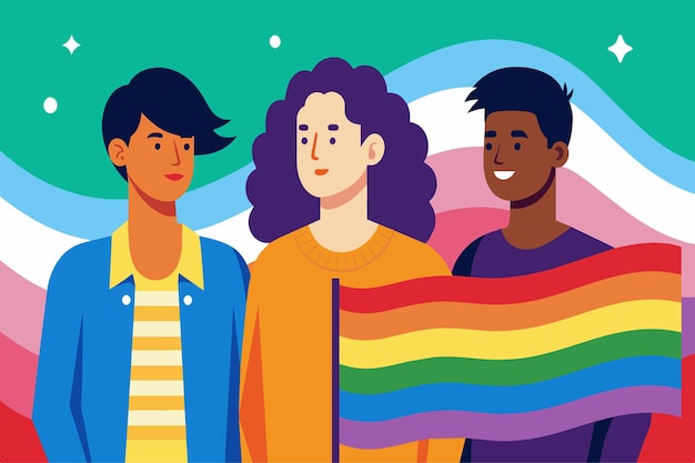 Vector trio of diverse animated characters with pride flag under starry sky