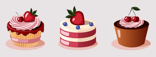 ストロベリーとチェリーのデザートイラストのトリオ