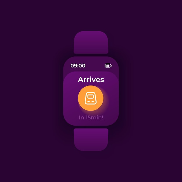 Vector trip notice smartwatch interface vector template. railway transportation mobile app notification night mode design. train arrival reminder message screen. flat ui for application. smart watch display