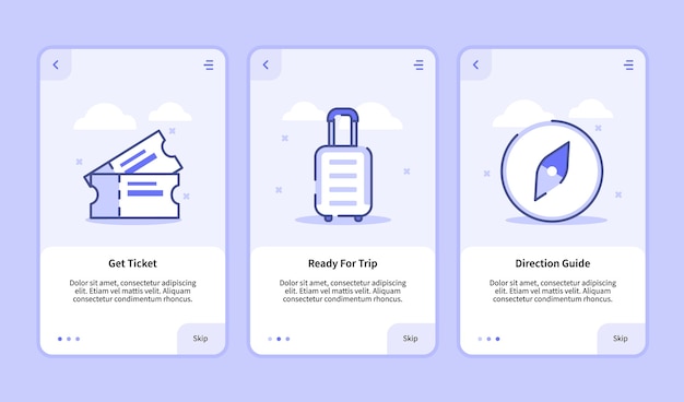 Trip onboarding screen modern user interface UX UI template for mobile apps smartphone get ticket ready for trip direction guide with flat style.