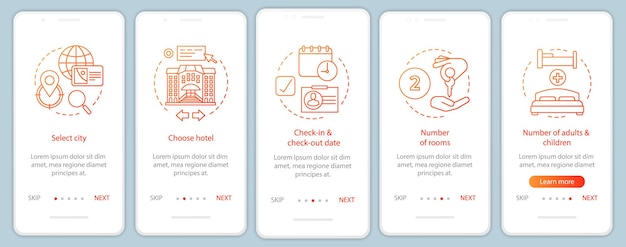 Modello vettoriale dello schermo della pagina dell'app mobile per la pianificazione del viaggio