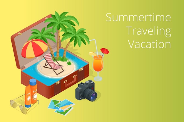 夏休みへの旅。夏休みに旅行します。休暇。ロードトリップ。観光。旅行バナー。ランドマークのあるスーツケースを開きます。旅。移動する3Dアイソメ図。
