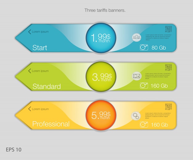 Vector triple banner for hosting. three tariffs banners. web pricing table.   for web app. arrow style.