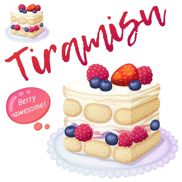 Triple berry tiramisu dessert pictogram geïsoleerd op een witte achtergrond Cartoon vectorillustratie
