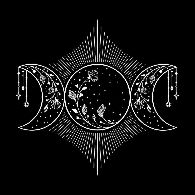 Vector triple moon symbol with flowers and stars