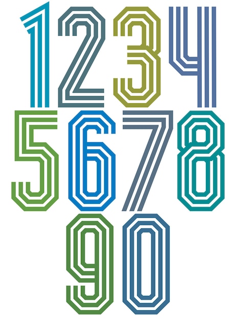 Vector triple stripe geometric numbers, retro style numerals made with straight lines only. best for posters, headlines and graphic design in 70’s retro style. vector.