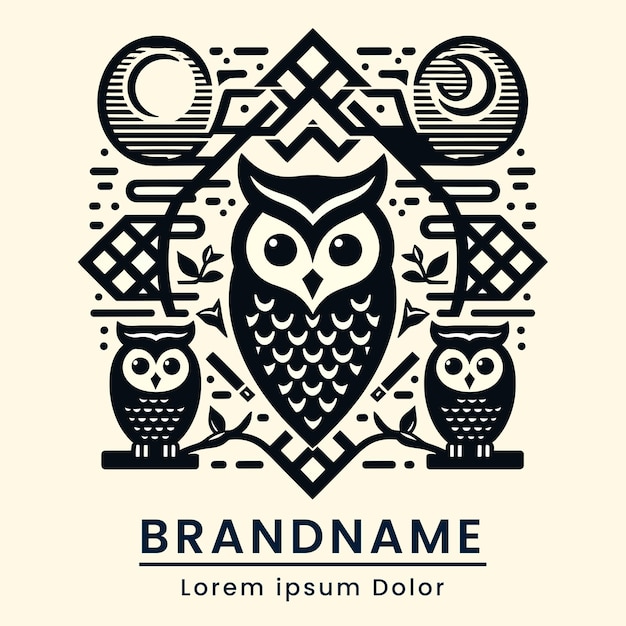 triplet owls wisdom logo design with perched owl vector with elegant style majestic single color bra