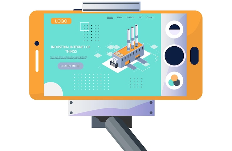 Vector tripod with smartphone and innovative production building on the screen modern industry concept