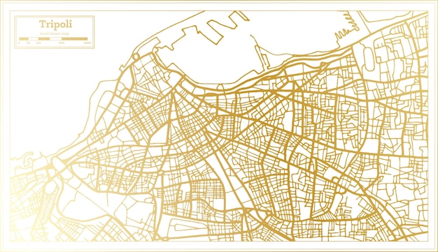 Tripoli Libië stadsplattegrond in retro stijl in gouden kleur overzicht kaart vectorillustratie