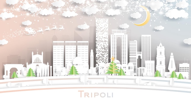 눈송이 달과 네온 화환이 있는 종이 컷 스타일의 트리폴리 리비아 도시 스카이라인