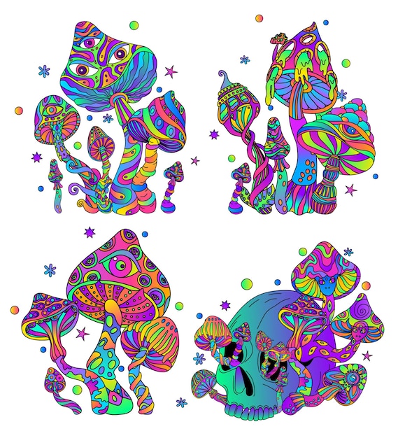 Триповые грибные психоделические композиции с изолированными изображениями градиентных цветных грибных скоплений с векторной иллюстрацией звездных частиц