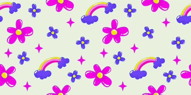 Trippy psichedelico estetico y2k seamless pattern trippy sorriso retrò pop divertente personaggio dei cartoni animati faccina felice faccia stampa psichedelica daisy fiore e arcobaleno