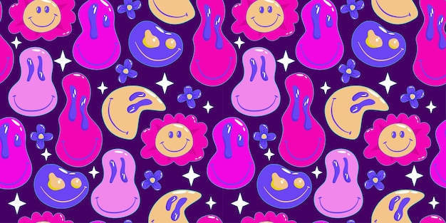 Trippy psychedelic aesthetic y2k seamless pattern Trippy smile retro pop funny cartoon character