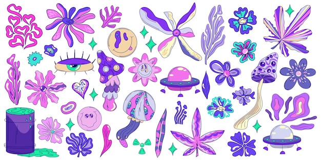 Trippy psychedelic flower set with ufo leaf and mushroom Hippy cartoon eye and flower Groovy trippy acid clipart Cartoon vector illustration