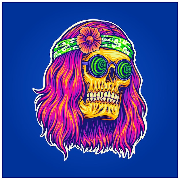 Trippy skull face wearing psychedelic glasses hippie illustrations