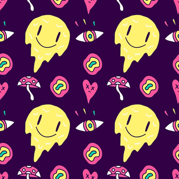 Trippy smile emoji face seamless pattern, illustration for background.