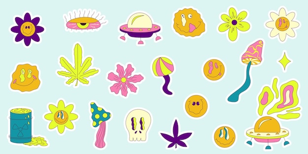 Trippy smile sticker set in popart y2k stijl op kleurrijke achtergrond gele emoji cartoon vectorillustratie hipster trippy smile bloem ufo nd cannabis sticker