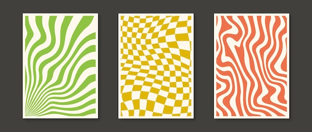 Trippy wavy lines and checkerboard backgrounds set Psychedelic wavy stripes and distorted curly