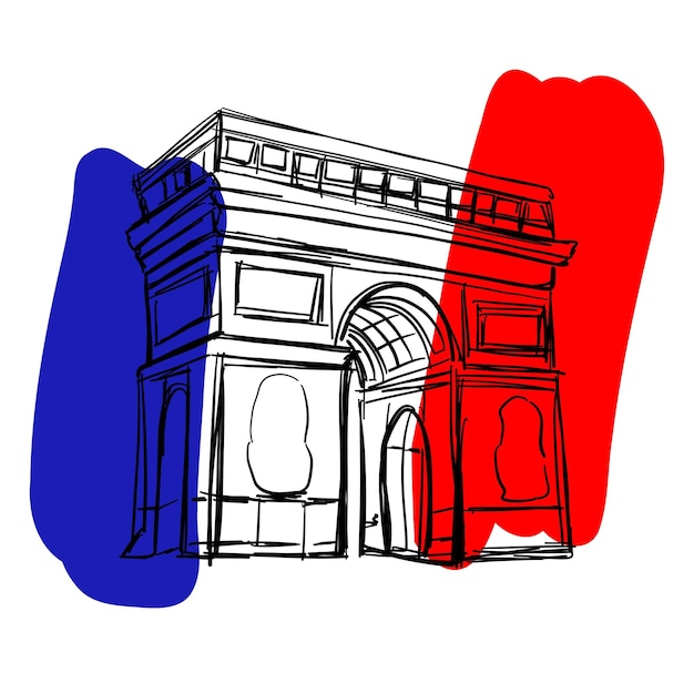 Vettore illustrazione vettoriale dell'arco trionfale arco nero su bianco blu rosso bandiera della francia cartolina postale di parigi