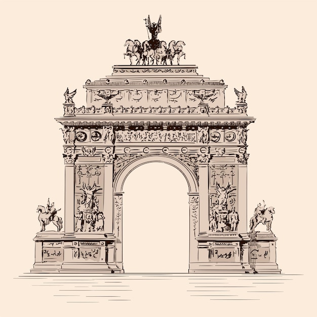 古典的なルネッサンス様式の彫像が融合した凱旋門。手作りスケッチ