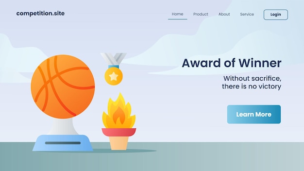 Trofee-medaille en eeuwig vuur als toekenning van winnaar met slogan zonder opoffering, er is geen overwinning voor websitesjabloon landing homepage vectorillustratie