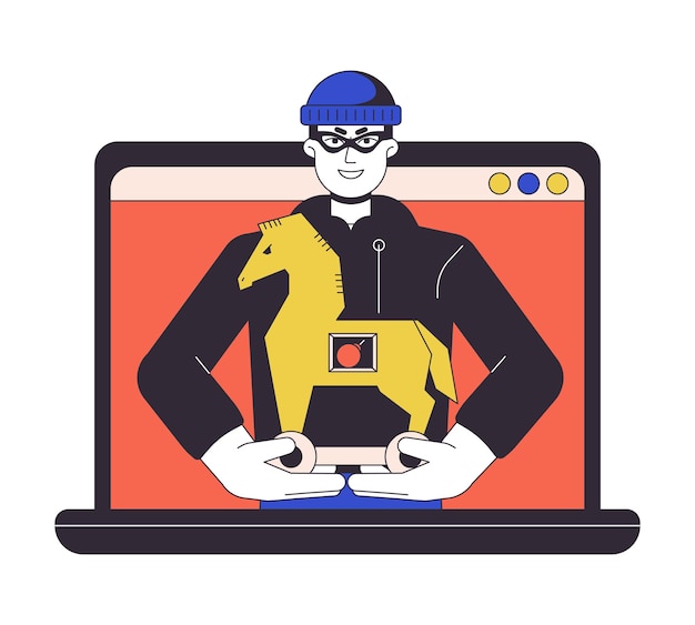 노트북 플랫 라인 개념 벡터 스팟 그림에 있는 트로이 바이러스 웹 UI 디자인을 위한 흰색의 남자 발사 바이러스 2D 만화 개요 문자 편집 가능한 격리된 색상 영웅 이미지