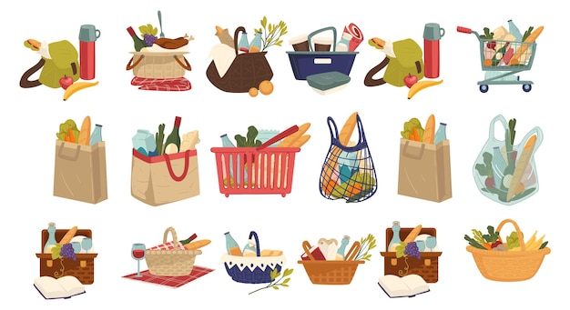 Trolley and cart, bag and package with products bought from grocery shop. baguette and vegetables, dairy meal and tropical fruits, banana and juice in bottle. vector in flat style illustration