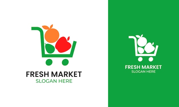 Trolley logo with fresh fruit and vegetable icon for supermarket identity