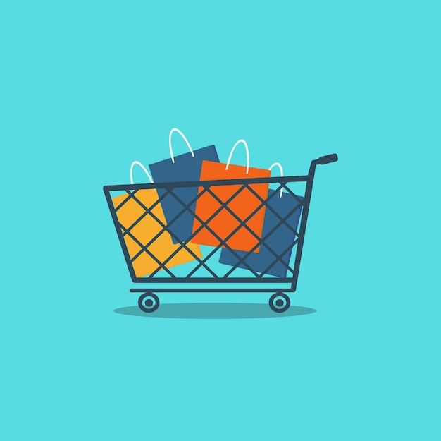 Trolley and shopping bags on blue background Vector illustration for black friday