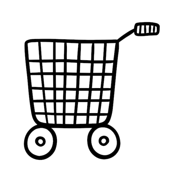 Carrello per lo shopping in un negozio su ruote doodle colorazione lineare del fumetto