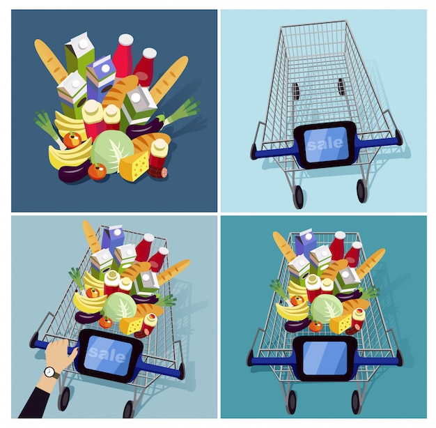 Vector trolley with food in supermarket