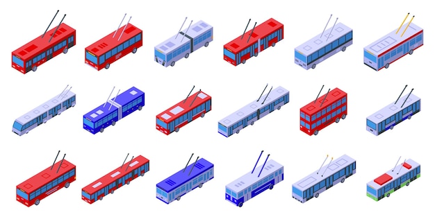 Trolleybus icons set isometric vector Transport vehicle