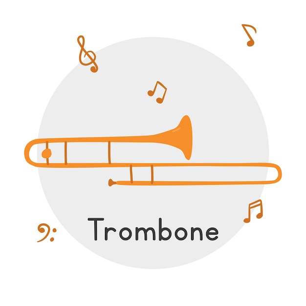 Trombone clipart cartoon style brass musical instrument flat vector illustration, hand drawn doodle