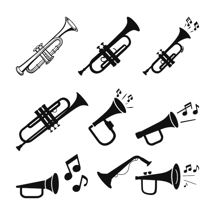 Vector trompet iconen set messing instrumenten iconen set trombone tuba hoorn franse hoorn vector silhouet