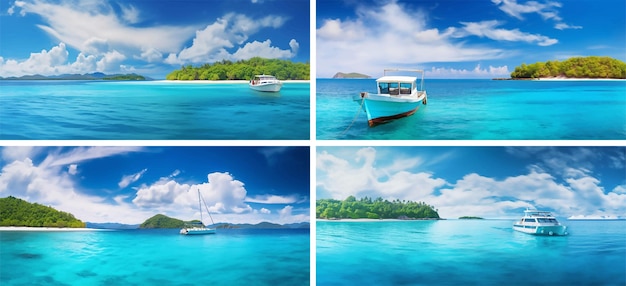 Vector tropen caribische ontspanning paradijs zeilvakanties malediven oceaan palm zon wolk zeilboot