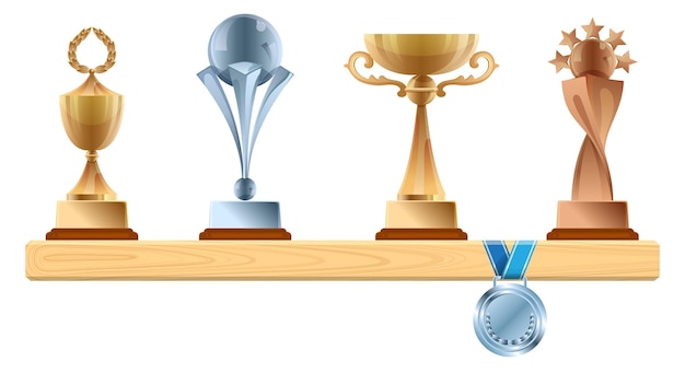 Trophies and prizes on wooden shelf Honor awards isolated on white background