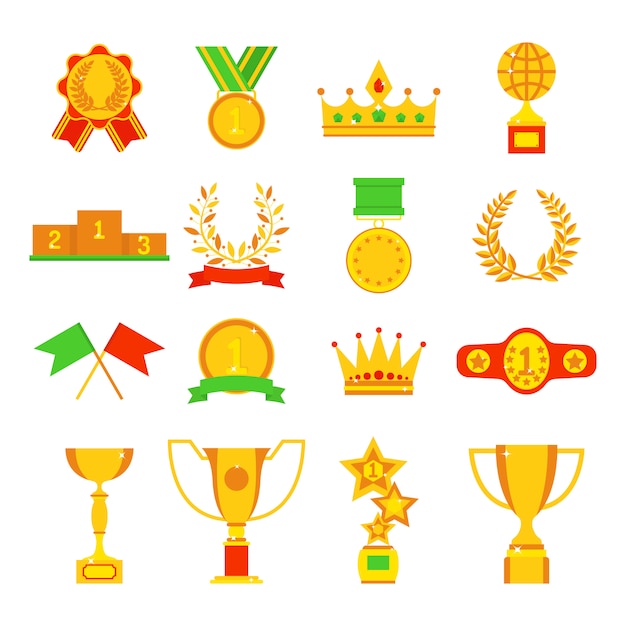 Значки трофея и наград установили плоскую иллюстрацию.