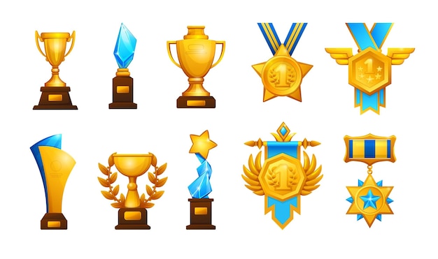 Vector trophy award cartoon golden cup sport competitions glass honor prize winning championship medal and badge achievement rewards collection tournament or contest first place gift vector goblets set