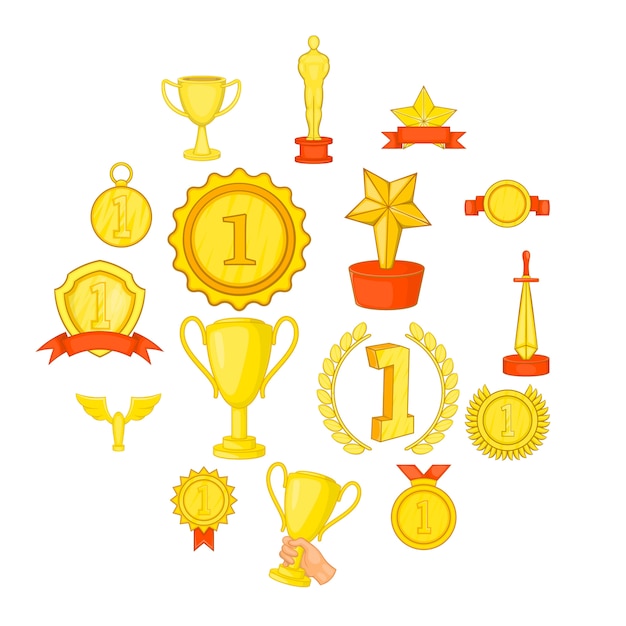 Trophy award icons set, in cartoon style