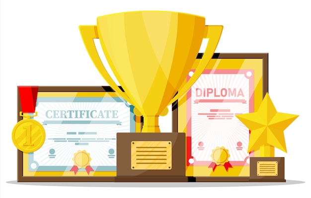 Vector trophy and awards collection. diploma and certificate in frames. competition prizes, cups and medals. award, victory, goal, champion achievement. vector illustration in flat style