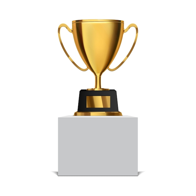 Trophy cup Gold prize on white podium isolated Vector illustration of award