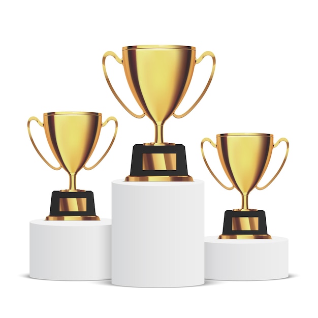 Trophy cup Gold prize on white podium isolated Vector illustration of award