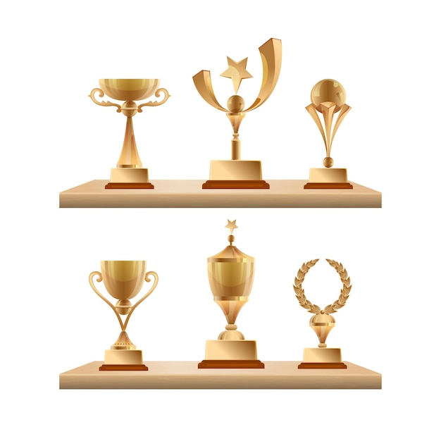 Vettore coppe di trofei sugli scaffali premi per i vincitori di competizioni sportive vector golden trophy of competition premio premio e illustrazione del trofeo